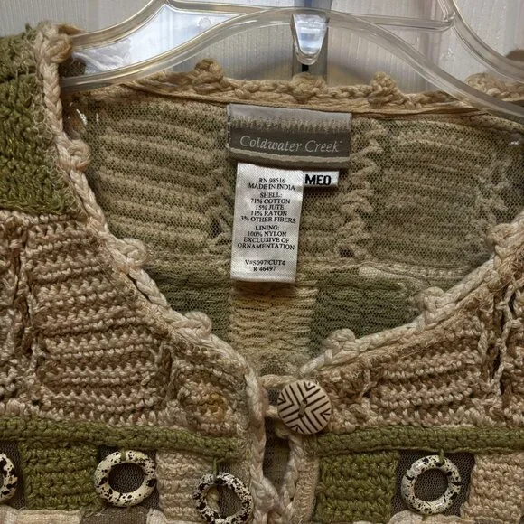 Coldwater Creek Medium Textured Crochet Patchwork Jacket Cardigan Neutral Boho - Picture 2 of 5